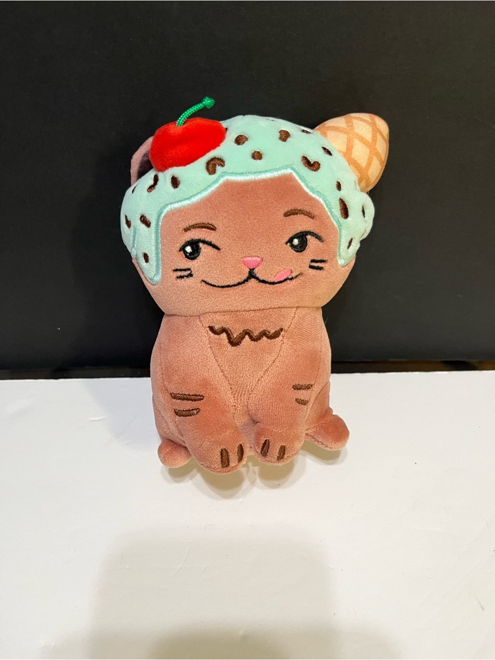 Plush Cat with Mint Ice Cream Hat and Cherry Accent - Kids Stuffed Animal